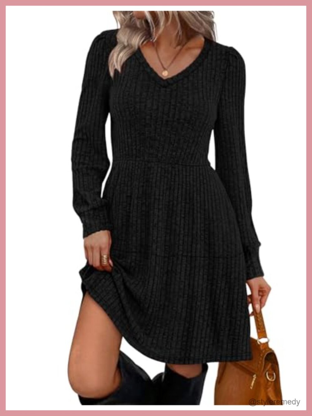 V Neck Long Sleeve Babydoll Sweater Dress Casual Knit Midi Dress